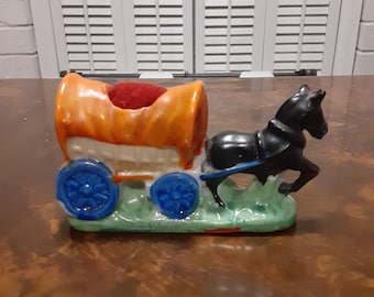 Porcelain horse and wagon pincushion