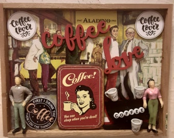 Coffee Love assemblage put in the underside of a cigar box lid