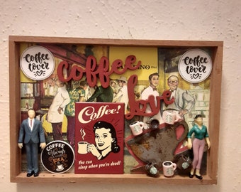 Coffee lover assemblage in the underside of a cigar box lid