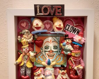 Clown love assemblage with many wonderful vintage clowns