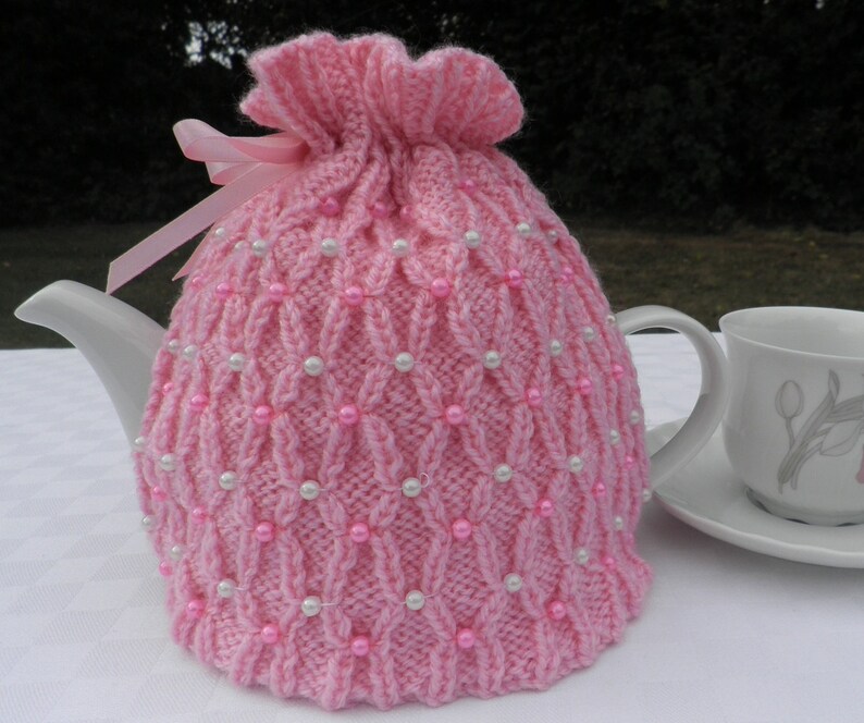 Beautiful hand knitted beaded tea cosy in a variety of colours Etsy