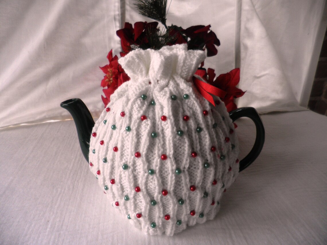 Beautiful hand knitted beaded tea cosy in a variety of colours Etsy