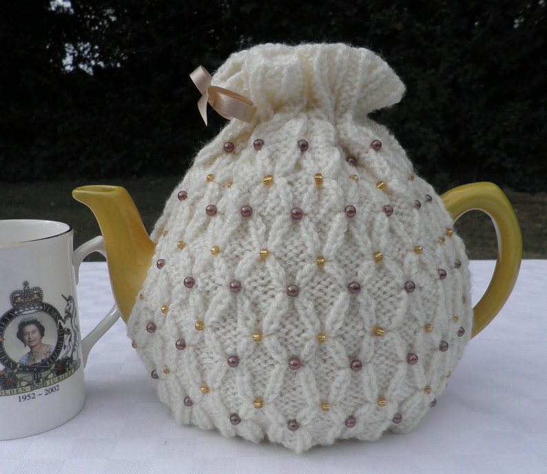 Beautiful hand knitted beaded tea cosy in a variety of colours Etsy