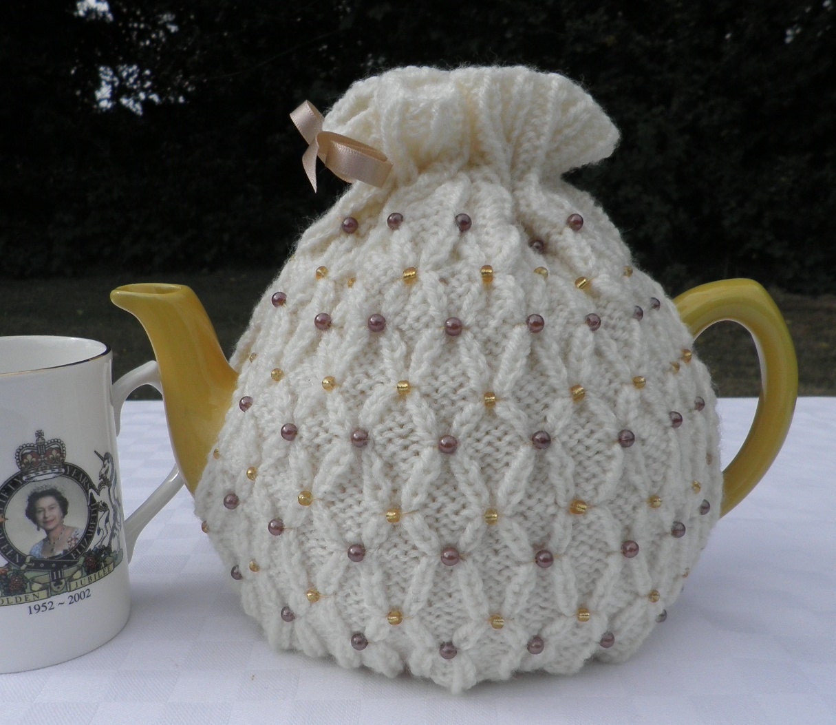 Beautiful hand knitted beaded tea cosy in a variety of colours Etsy