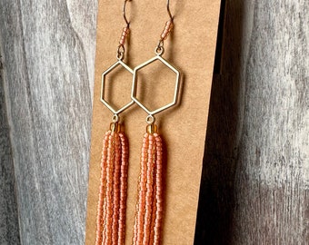 Just Peachy - Orange and Gold Beaded Earrings - Long Beaded Gradient Earrings - Handmade Jewelry Gift