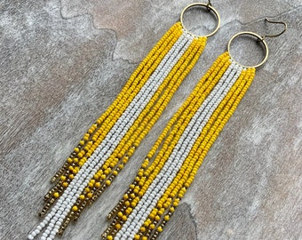 Not-So-Mellow Yellow - Yellow Gold and White Beaded Earrings - Long Beaded Gradient Earrings - Handmade Jewelry Gift