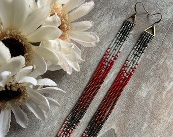 Red Monarch - Red Gray Pink and White Beaded Earrings - Long Beaded Gradient Earrings - Handmade Jewelry Gift