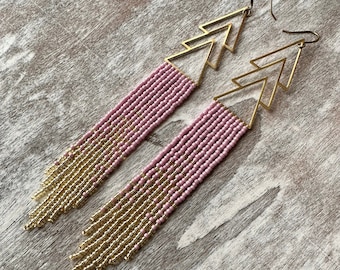 Mauve Willow- Light Mauve and Gold Beaded Earrings - Long Beaded Gradient Earrings - Handmade Jewelry Gift