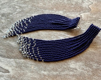 Blue Night - Blue and Silver Beaded Earrings - Long Beaded Earrings - Tassel Beaded Earrings - Handmade Jewelry Gift