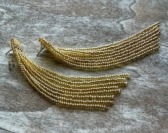 Simply Gold - Gold Beaded Earrings - Long Beaded Earrings - Tassel Beaded Earrings - Handmade Jewelry Gift