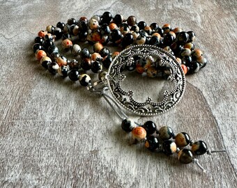 Wheel of Fire - Orange and Black Dragon Fire Agate Beaded Necklace - Gemstone Beaded Necklace - Gemstone Mandala Necklace