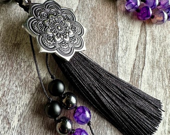 Violet Haze - Purple Dragon Agate, Black Matte Stone & Hematite Beaded Necklace - Gemstone Beaded Necklace - Tassel Gemstone Necklace