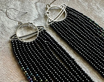 Midnight Hour - Black and Iris Beaded Earrings - Long Beaded Gradient Earrings - Handmade Jewelry Gift