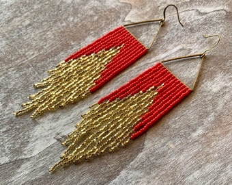 The Red Veil - Red and Gold Beaded Earrings - Long Beaded Gradient Earrings - Handmade Jewelry Gift