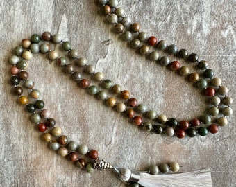 Earth Tone - Ocean Jasper Beaded Necklace - Gemstone Beaded Necklace - Tassel Beaded Necklace - Gemstone Jewelry