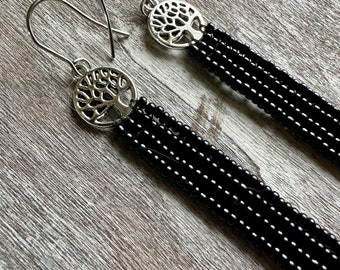 Midnight Hour - Black and Silver Beaded Earrings - Long Beaded Gradient Earrings - Handmade Jewelry Gift