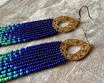 Aurora - Blue and Green Northern Lights Beaded Earrings - Long Beaded Gradient Earrings - Handmade Jewelry Gift