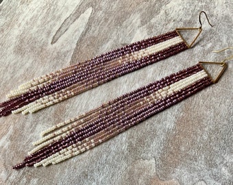 Divine Hathor - Pearl White and Purple Beaded Earrings - Long Beaded Gradient Earrings - Handmade Jewelry Gift