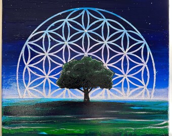 The Lone Tree - Sacred Geometry Painting - Rhinestone & Acrylic Canvas Art - Night Sky Acrylic Painting