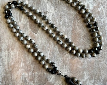 Smokey Cleanse - Map Jasper, Black Matte Stone & Hematite Beaded Necklace - Tassel Gemstone Necklace - Gemstone Beaded Jewelry