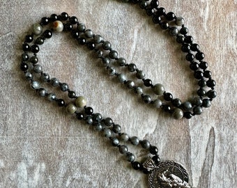 Lone Raven - Labradorite, Jasper & Black Obsidian Stone Beaded Necklace - Gemstone Beaded Necklace - Raven Gemstone Necklace