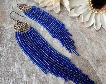 Blue Lotus - Blue Beaded Earrings - Long Beaded Gradient Earrings - Handmade Jewelry Gift