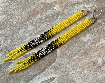 Wild Bumblebee - Yellow Black  and White Beaded Earrings - Long Beaded Gradient Earrings - Handmade Jewelry Gift