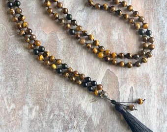 Balance of the Tiger - Tigers Eye & Black Matte Stone Beaded Necklace - Beaded Gemstone Necklace - Tassel Beaded Necklace - Gemstone Jewelry