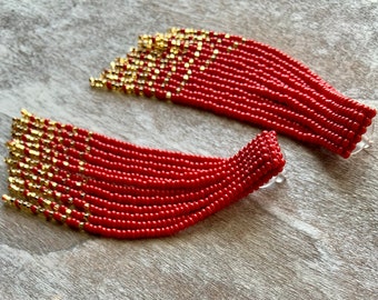 Gilded Scarlet - Red and Gold Beaded Earrings - Tassel Beaded Earrings - Long Beaded Earrings - Handmade Jewelry Gift