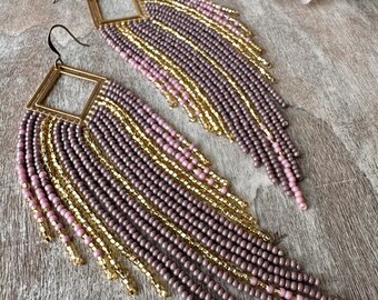 Royal Jelly - Gold and Purple Beaded Earrings - Long Beaded Gradient Earrings - Handmade Jewelry Gift