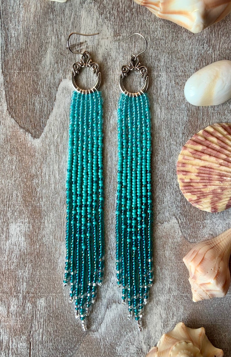 Turtle Surf Seafoam and Teal Beaded Earrings Long Beaded Gradient Earrings Handmade Jewelry Gift image 2