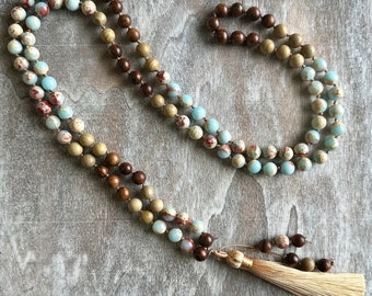 Rosewood Sea - Blue Sediment Imperial Jasper, Wood Jasper & Rosewood Beaded Necklace - Beaded Gemstone Necklace - Tassel Beaded Necklace