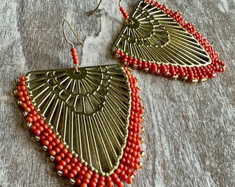 Golden Coral - Coral and Gold Beaded Earrings - Large Statement Earrings - Bold Statement Earrings - Handmade Jewelry Gift