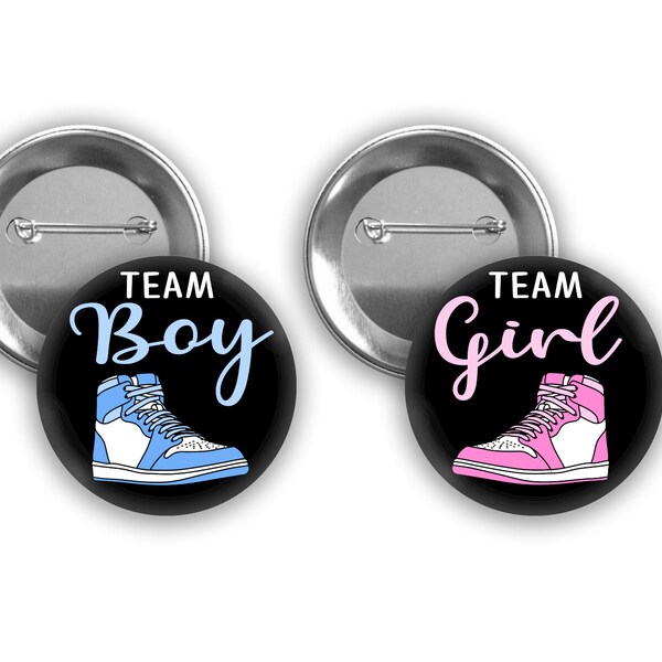 Team Boy and Team Girl Sneaker gender reveal pins.  Chalkboard style with pink and blue.