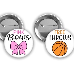 Free Throws and Pink Bows Basketball themed gender reveal pins.  Pink Bow and Orange Basketball.
