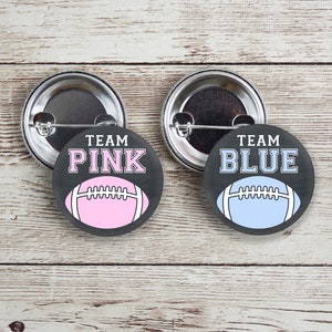 Team Pink and Team Blue chalkboard style football themed gender reveal pins