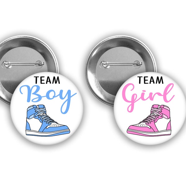 Team Boy and Team Girl Sneaker gender reveal pins.  White background with pink and blue.