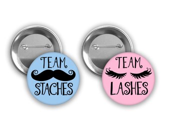 Team Lashes or Team Staches gender reveal pins.  Pink and Blue. 2 pin sizes available.