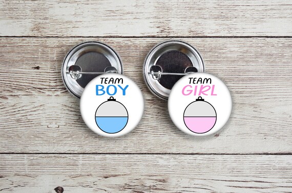 Team Boy and Team Girl Gender Reveal Pins With Pink and Blue Fishing Bobbers.  Perfect for Fishing Themed Party. 