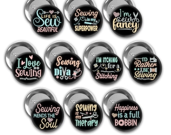 Sewing themed pin back buttons.  Set of 10.  3 pin sizes to choose from.