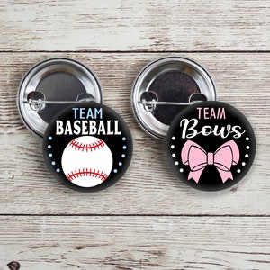 Team Baseball and Team Bows chalkboard style gender reveal pins with pink bow and white baseball, perfect for Baseball or Bows themed party.