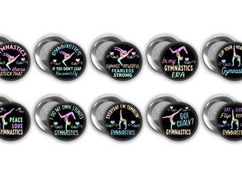 Gymnastics pin back buttons.  Set of 10.  3 pin sizes to choose from.