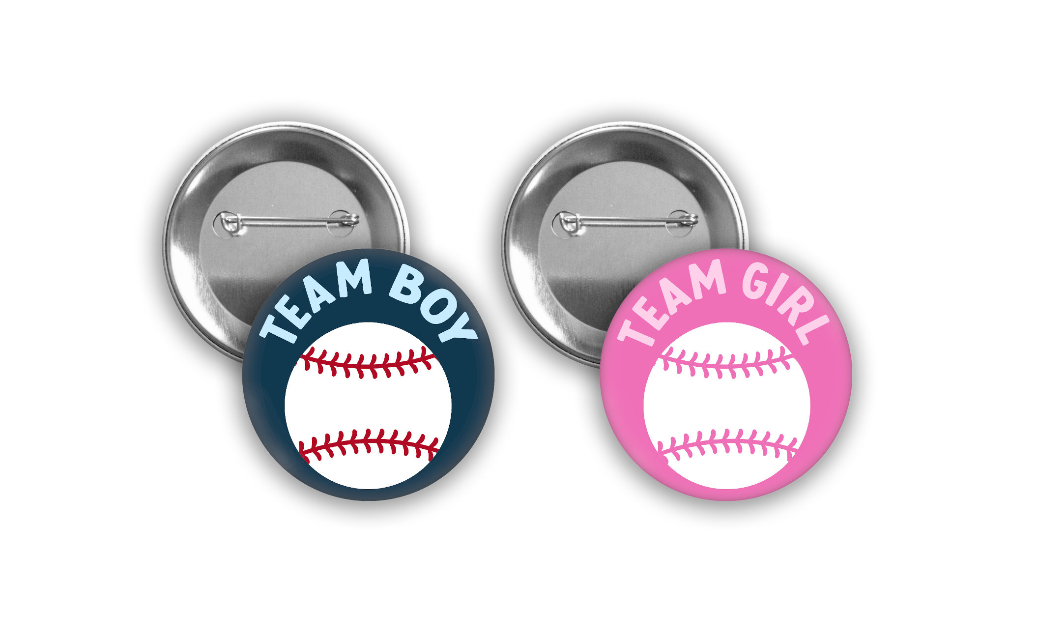 Team Girl and Team Boy Baseball Gender Reveal Pins With Pink and Navy Blue  With Pink and Red Threads. Perfect for Baseball Themed Party. 