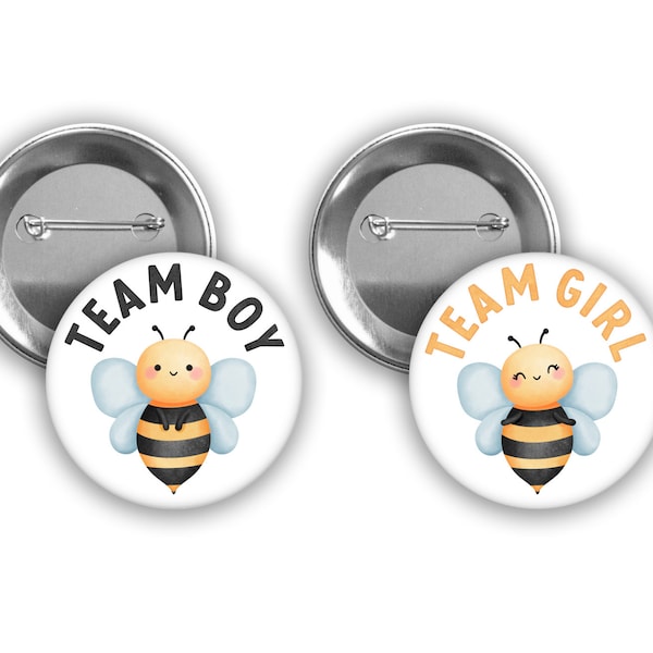 Team Boy and Team Girl cute little Bee gender reveal pins with yellow and black text.  Perfect for Baby Bee themed party.