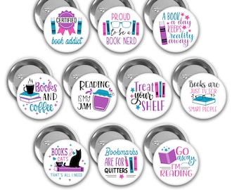 Book Lover Pin Buttons: Reading Themed Flair, Set of 10