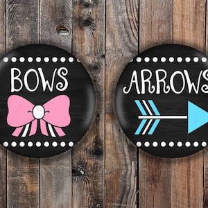 Pink bows and blue arrows boy and girl gender reveal pins, chalkboard style