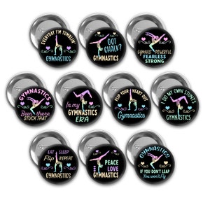 Gymnastics pin back buttons.  Set of 10.  3 pin sizes to choose from.