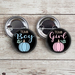 Team Girl and Team Boy Pumpkin gender reveal pins, chalkboard style with pink and blue.  Perfect for fall or halloween themed party.