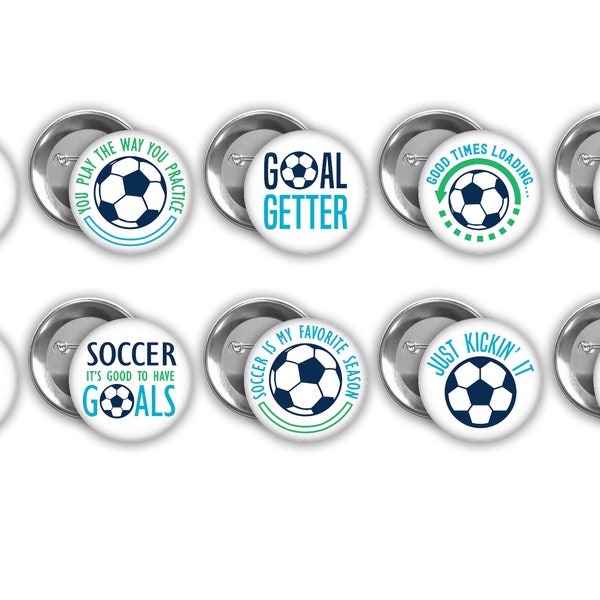 Soccer pin back buttons.  Set of 10.  3 pin sizes to choose from.