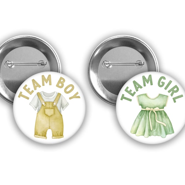 Team Boy and Team Girl cute little baby clothes gender reveal pins with yellow and green.  Perfect for baby clothes themed party.
